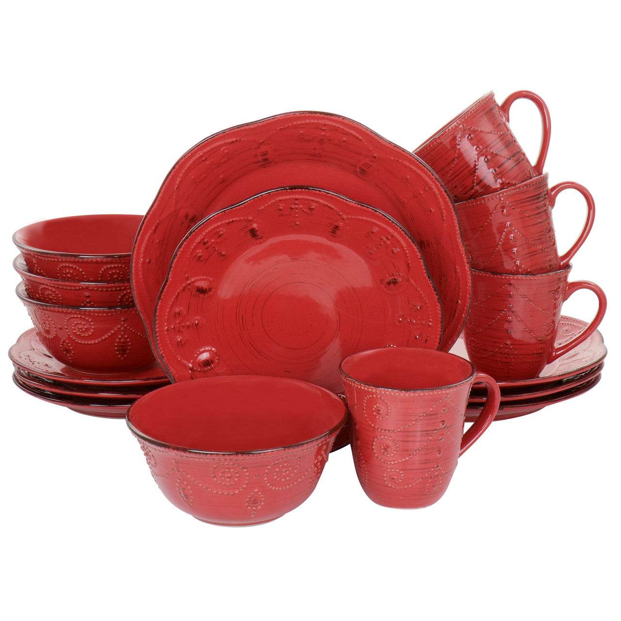 Elama Rustic Birch 16 Piece Stoneware Dinnerware Set in Red - Loft&Timber