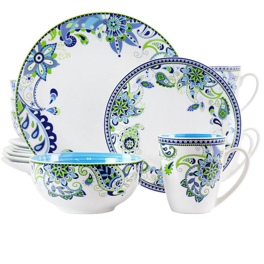Elama Blue Fiesta 16 Piece Round Porcelain Dinnerware Set - Loft&Timber