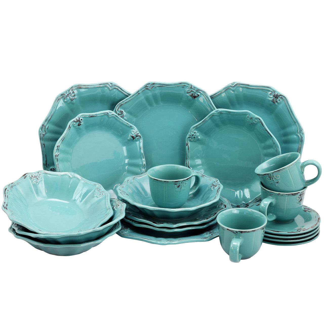 Elama Fleur De Lys 20-Piece Dinnerware Set in Turquoise - Loft&Timber