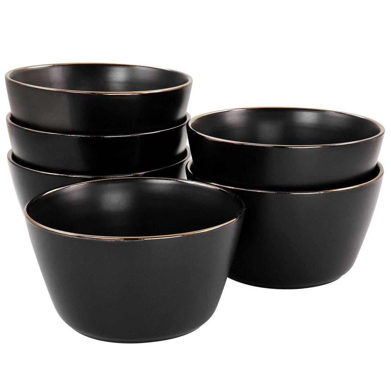 Elama Paul 6 Piece Stoneware Bowl Set in Matte Black with Gold Rim - Loft&Timber