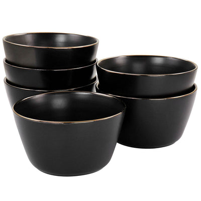 Elama Paul 6 Piece Stoneware Bowl Set in Matte Black with Gold Rim - Loft&Timber