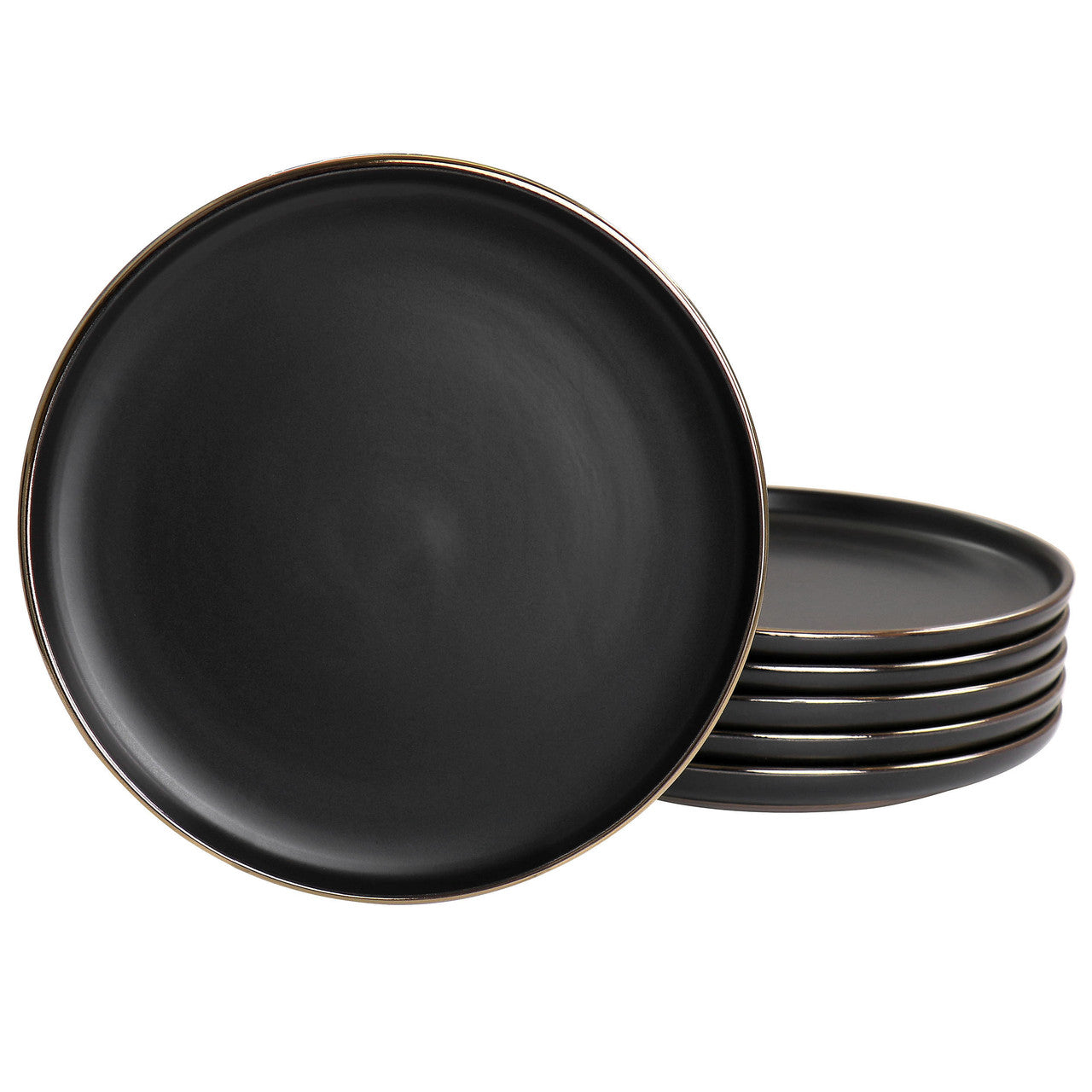 Elama Paul 6 Piece Stoneware Salad Plate Set in Matte Black with Gold Rim-0