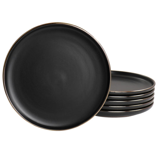 Elama Paul 6 Piece Stoneware Salad Plate Set in Matte Black with Gold Rim-0