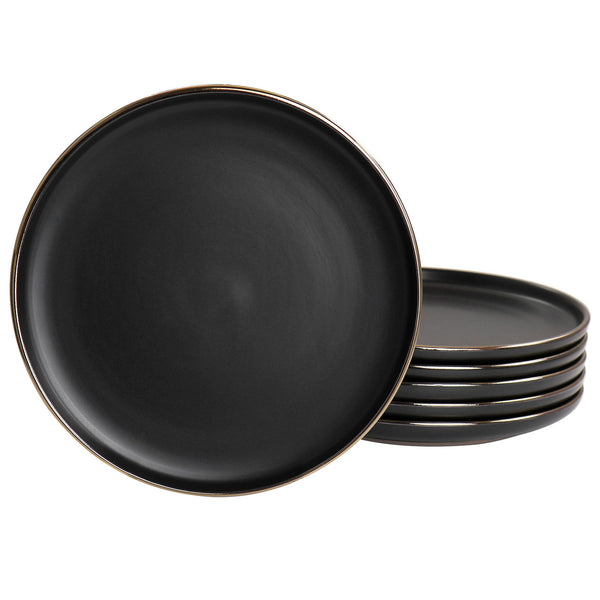 Elama Paul 6 Piece Stoneware Salad Plate Set in Matte Black with Gold Rim-0