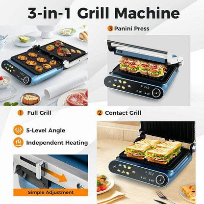 1200W Panini Press Grill with LED Display and 7 Grilling Modes-Blue - Loft&Timber