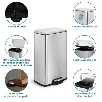 8-Gallon Stainless Steel Kitchen Trash Can with Step-on Lid-3