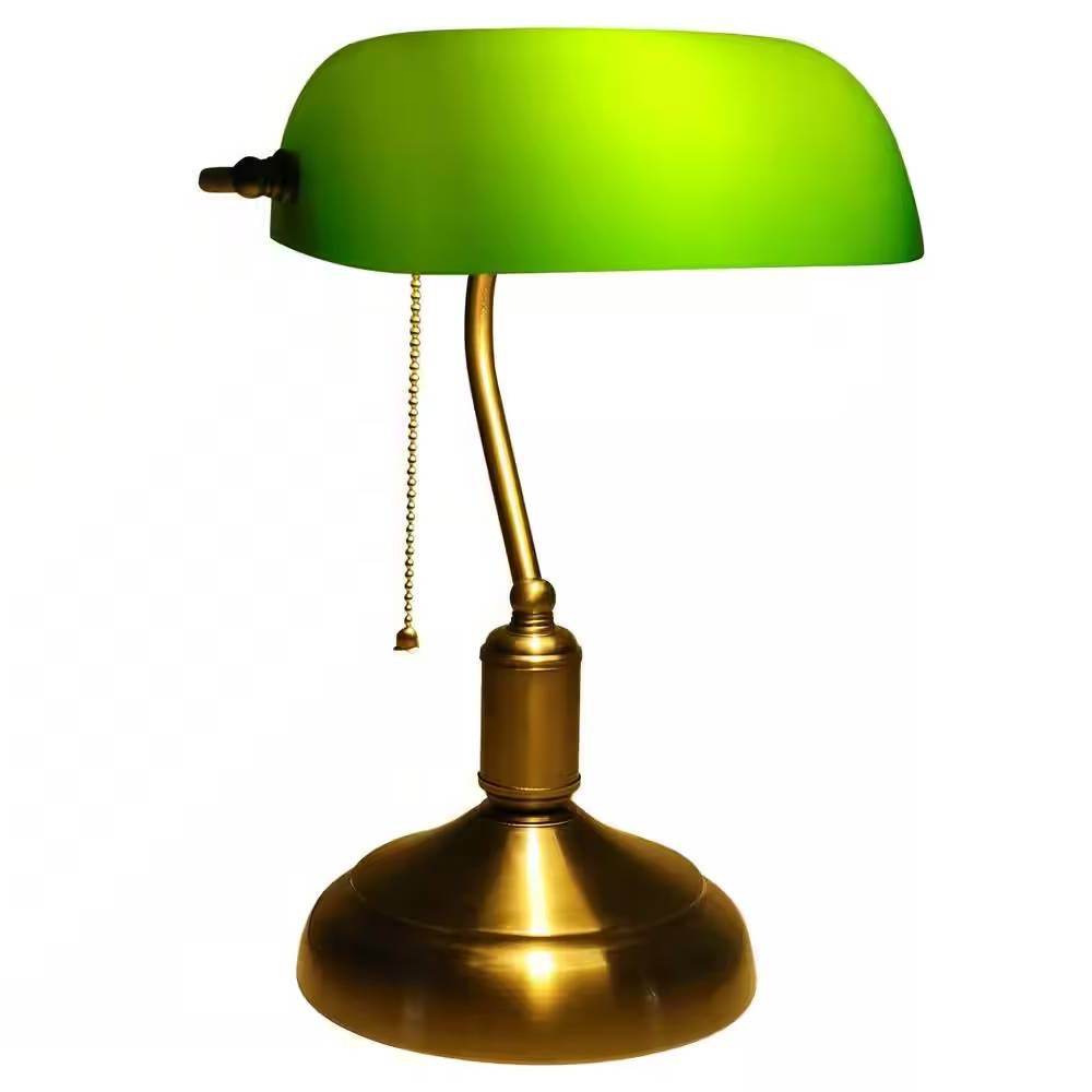 Antique Brass Bankers Lamp Desk Light Table Lamp with Green Glass Shade - Loft&Timber