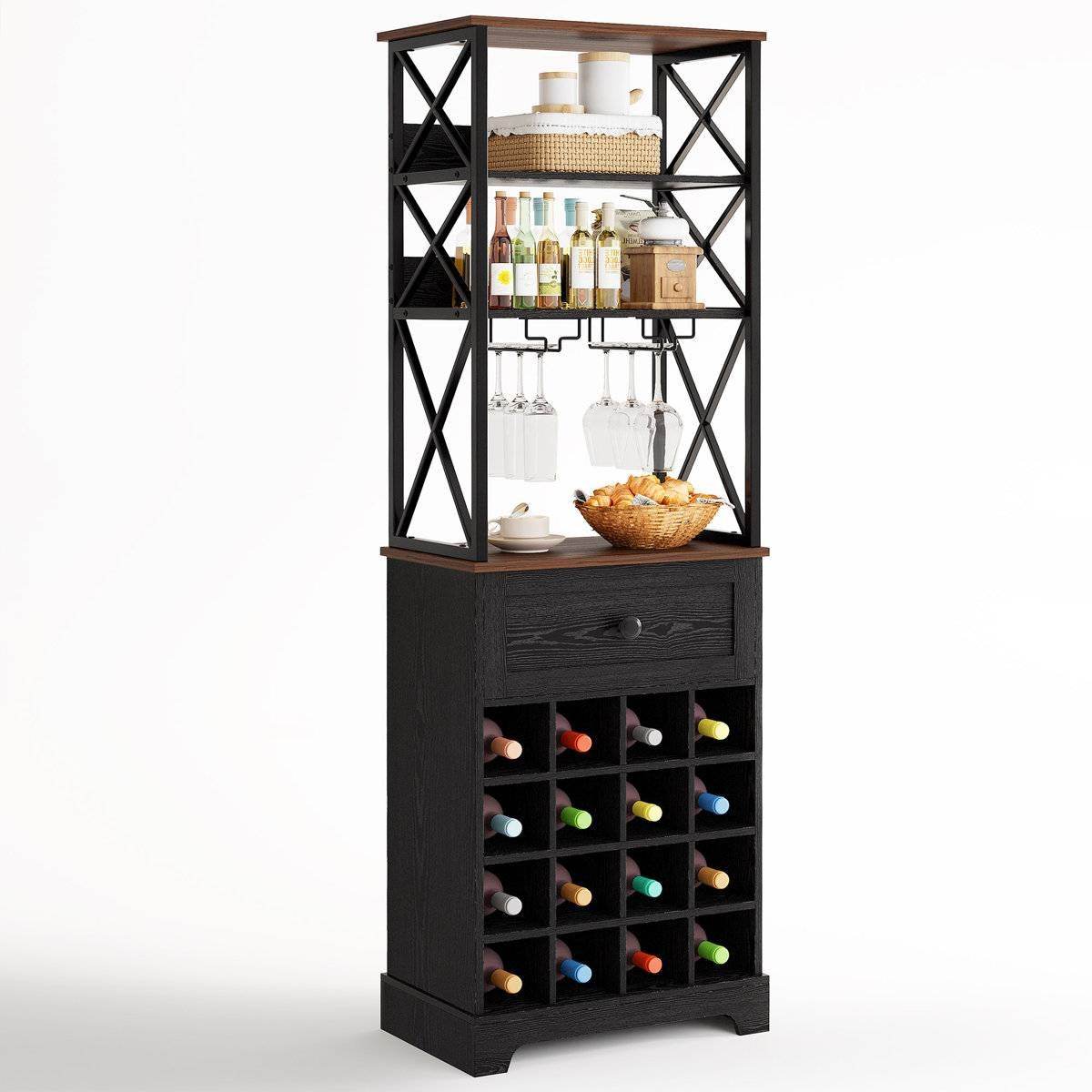 Black/Brown Wine Rack Kitchen Bar Storage Cabinet Shelf with Glass Holders - Loft&Timber