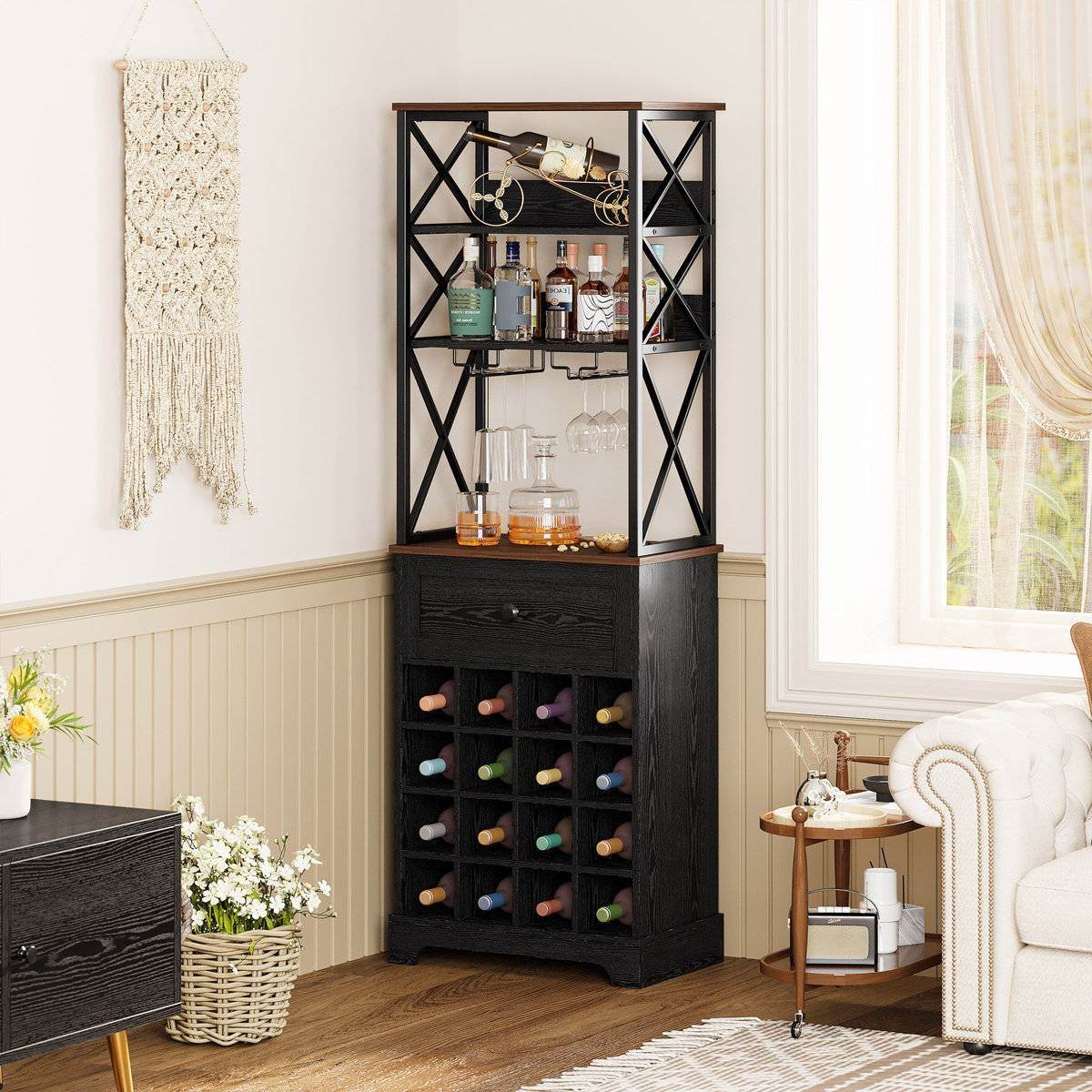 Black/Brown Wine Rack Kitchen Bar Storage Cabinet Shelf with Glass Holders - Loft&Timber