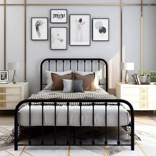 Full size Classic Black Metal Bed Frame with Slatted Headboard and Footboard - Loft&Timber