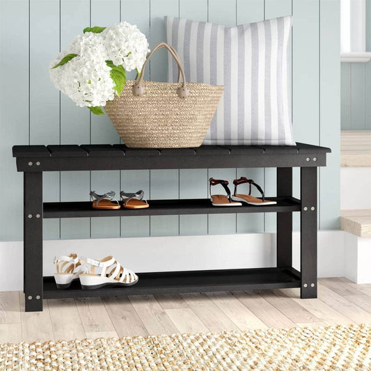 Black Wooden 2-Shelf Shoe Rack Storage Bench for Entryway or Closet - Loft&Timber