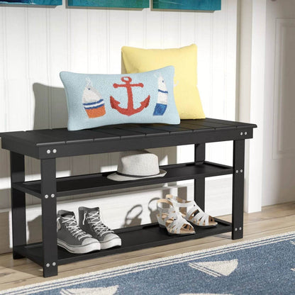 Black Wooden 2-Shelf Shoe Rack Storage Bench for Entryway or Closet - Loft&Timber
