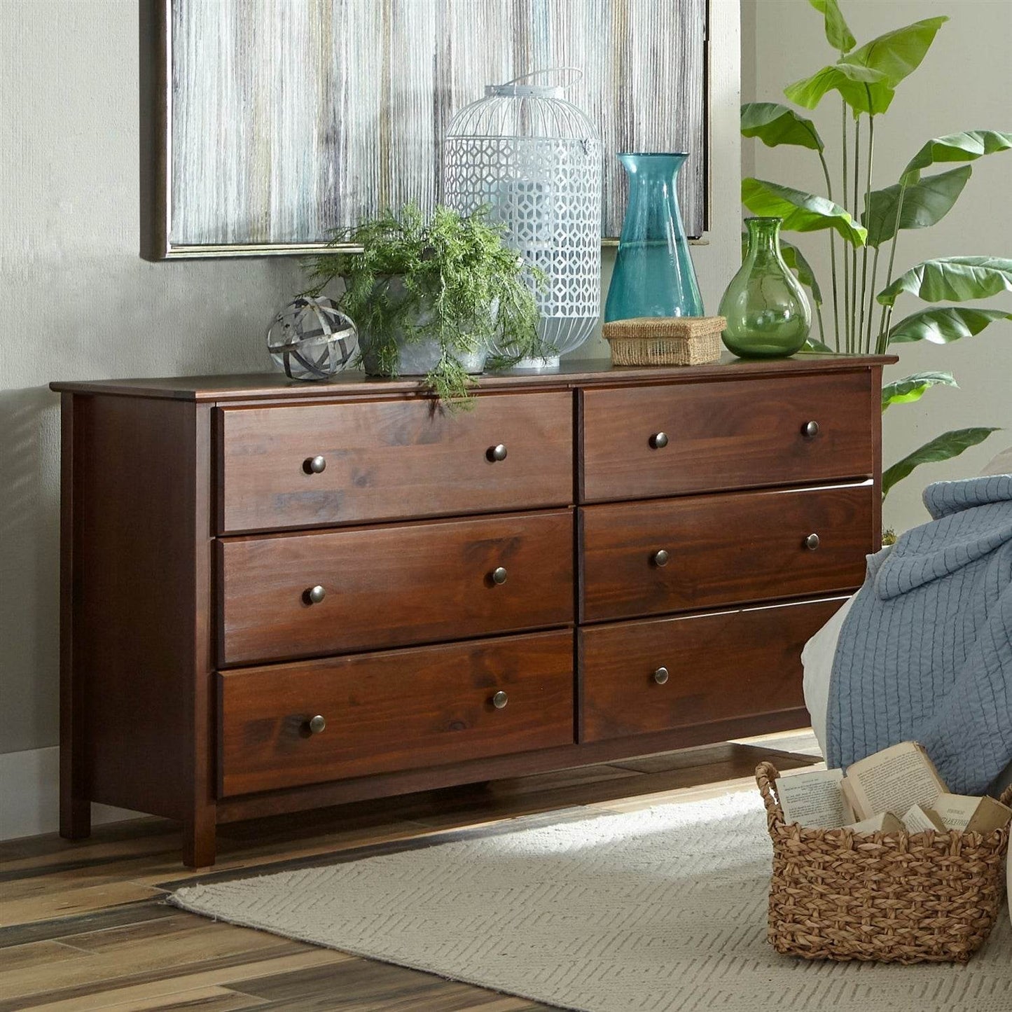 Farmhouse Solid Pine Wood 6 Drawer Dresser in Cherry Finish - Loft&Timber