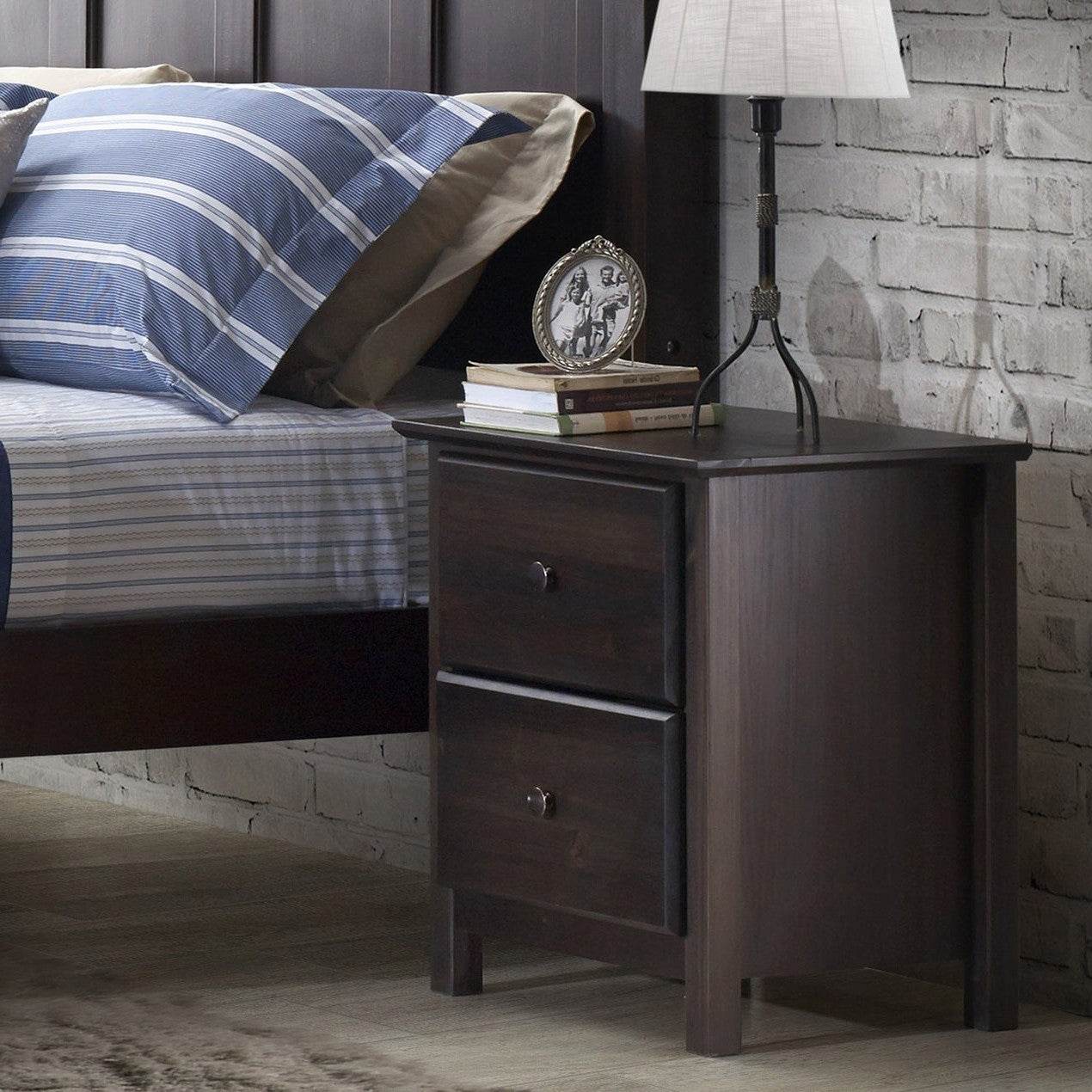 Farmhouse Solid Pine Wood 2 Drawer Nightstand in Espresso - Loft&Timber
