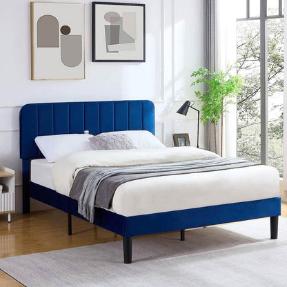 Full size Blue Upholstered Platform Bed Frame with Headboard - Loft&Timber