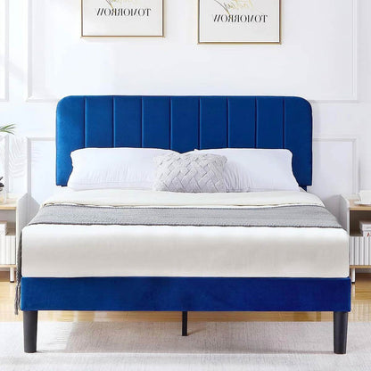Full size Blue Upholstered Platform Bed Frame with Headboard - Loft&Timber
