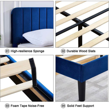 Full size Blue Upholstered Platform Bed Frame with Headboard - Loft&Timber