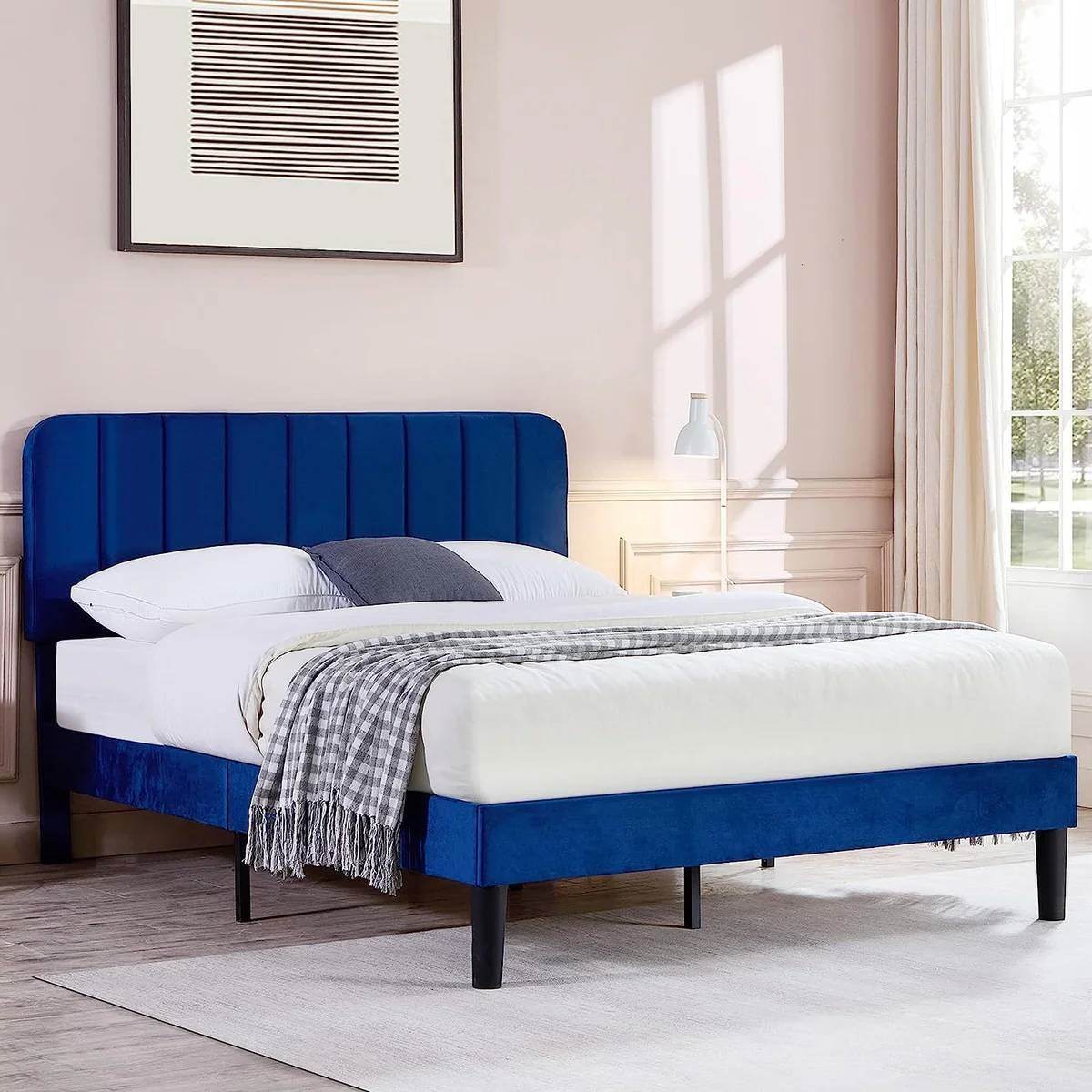 Full size Blue Upholstered Platform Bed Frame with Headboard - Loft&Timber