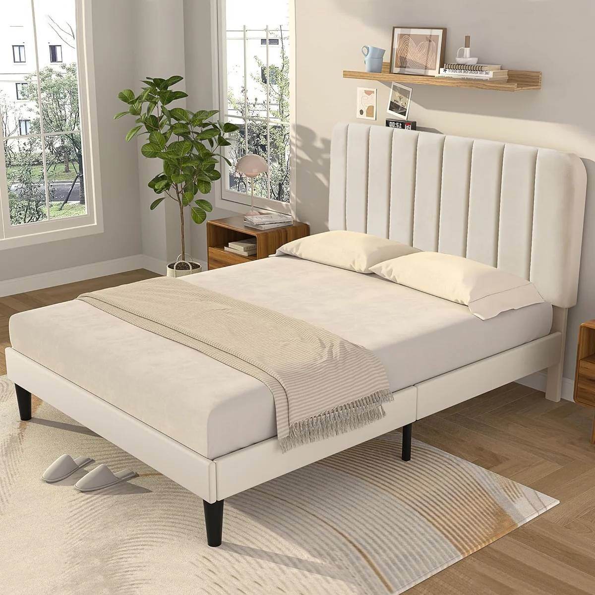 Full size Beige Upholstered Platform Bed Frame with Headboard - Loft&Timber