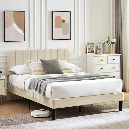 Full size Beige Upholstered Platform Bed Frame with Headboard - Loft&Timber