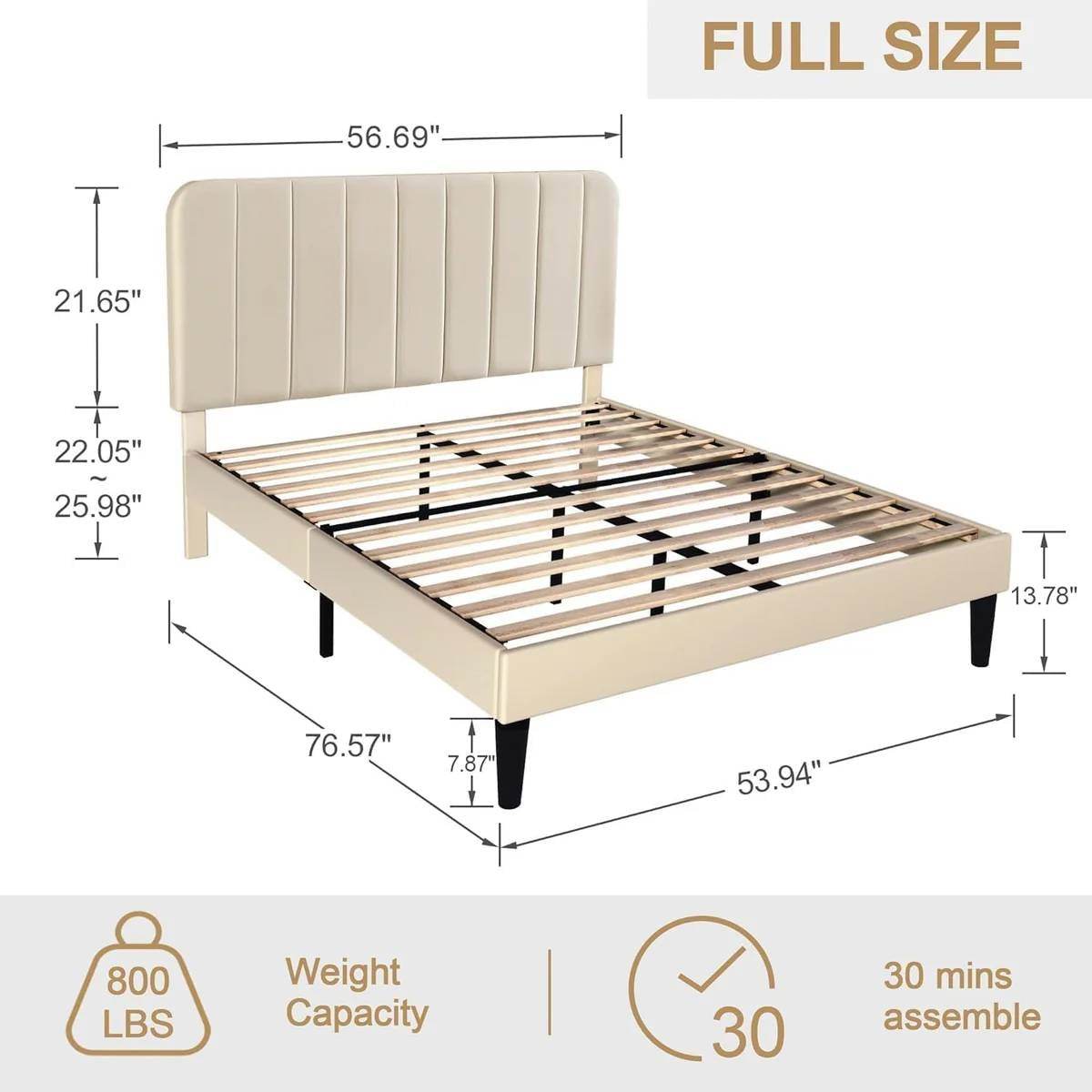 Full size Beige Upholstered Platform Bed Frame with Headboard - Loft&Timber
