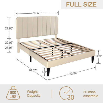 Full size Beige Upholstered Platform Bed Frame with Headboard - Loft&Timber