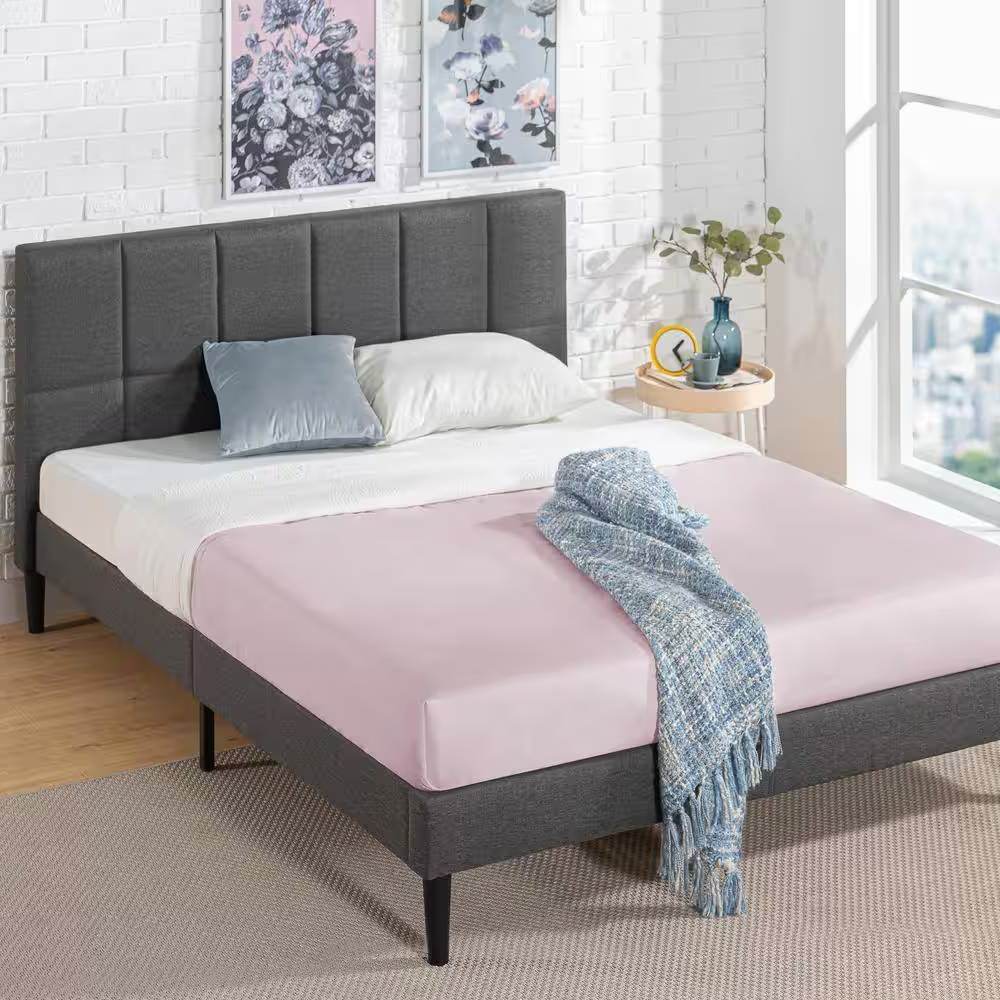 Full size Grey Upholstered Platform Bed Frame with Padded Headboard - Loft&Timber