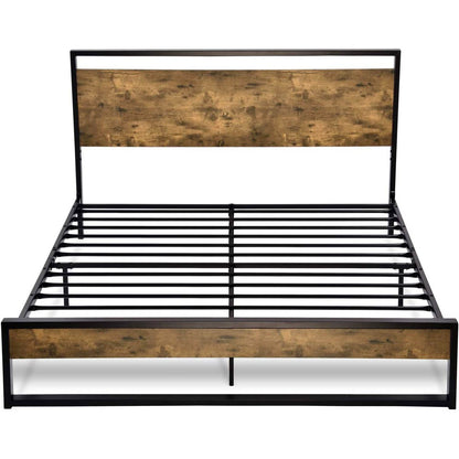 Full size Metal Wood Platform Bed Frame with Industrial Headboard - Loft&Timber