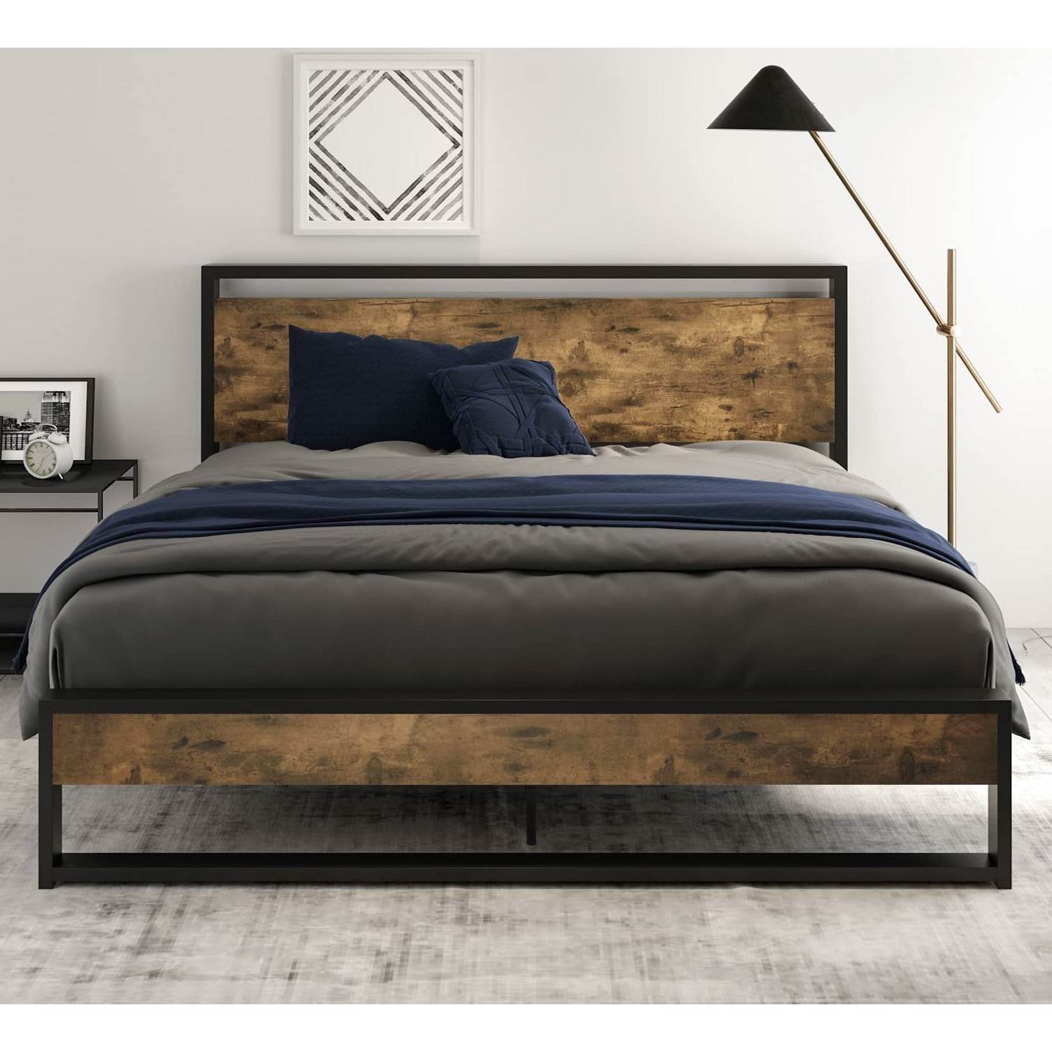 Full size Metal Wood Platform Bed Frame with Industrial Headboard - Loft&Timber