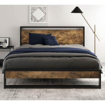 Full size Metal Wood Platform Bed Frame with Industrial Headboard - Loft&Timber