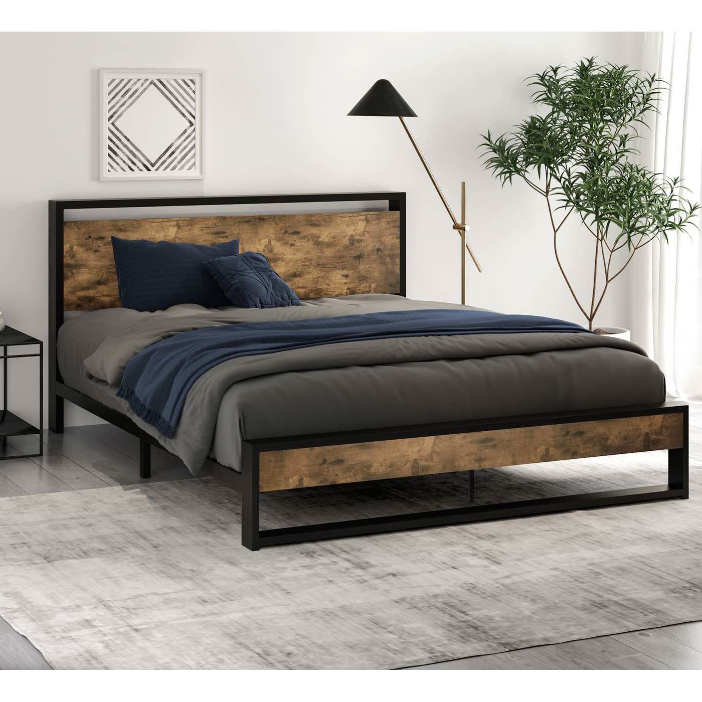 Full size Metal Wood Platform Bed Frame with Industrial Headboard - Loft&Timber