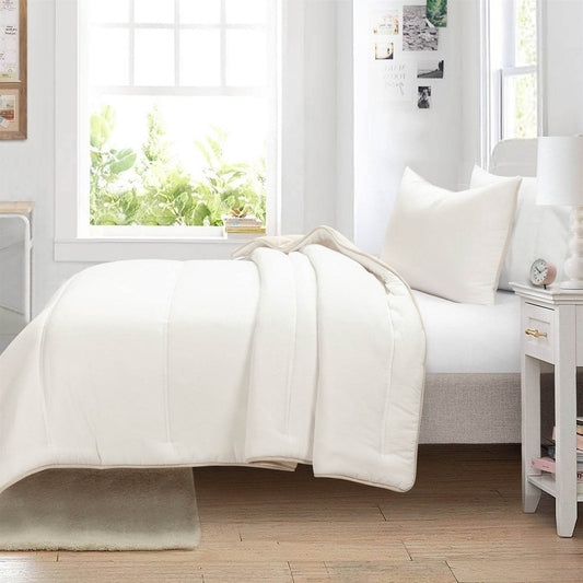 Full/Queen Soft Lightweight Reversible Quilted Comforter Set in White/Beige - Loft&Timber