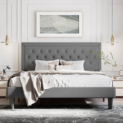 Full Size Dark Grey Linen Upholstered Platform Bed with Button-Tufted Headboard - Loft&Timber