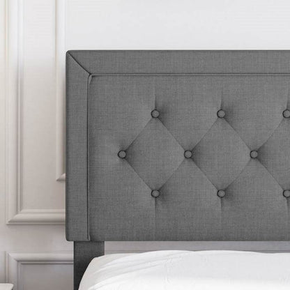 Full Size Dark Grey Linen Upholstered Platform Bed with Button-Tufted Headboard - Loft&Timber