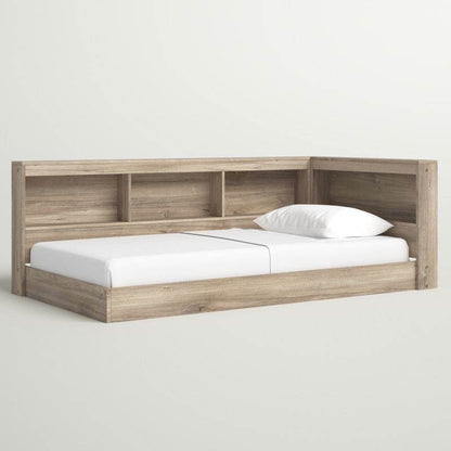 Full size Natural Wood Corner Storage Bed with Bookcase Headboard and USB Ports - Loft&Timber