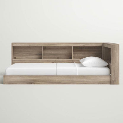 Full size Natural Wood Corner Storage Bed with Bookcase Headboard and USB Ports - Loft&Timber