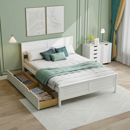 Full Size White Platform Bed Frame with 2 Storage Drawers - Loft&Timber