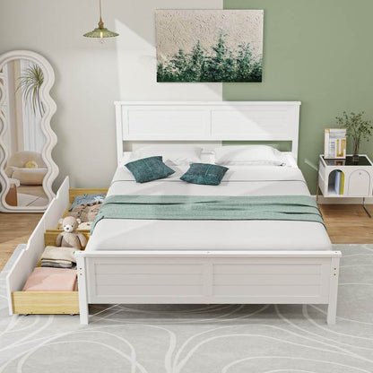 Full Size White Platform Bed Frame with 2 Storage Drawers - Loft&Timber