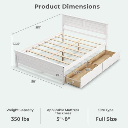 Full Size White Platform Bed Frame with 2 Storage Drawers - Loft&Timber