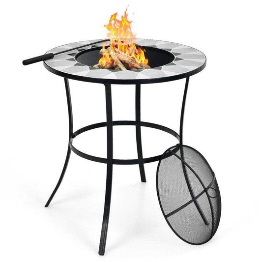 Portable Round Fire Pit Table with Mesh Cover and Fire Poker - Loft&Timber