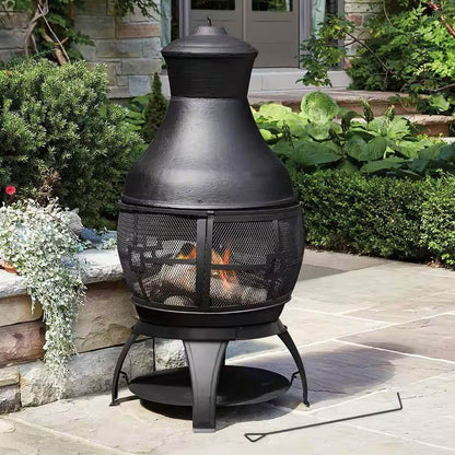 45-inch Black Cast Iron and Steel Outdoor Fire Pit Chimenea - Loft&Timber