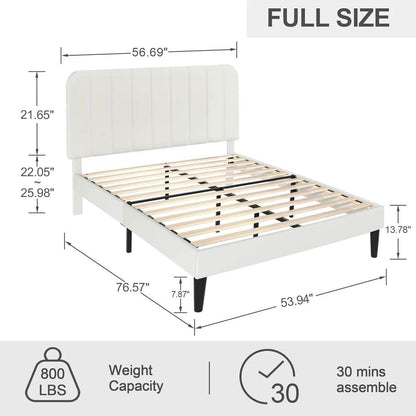 Full size White Upholstered Platform Bed Frame with Headboard - Loft&Timber