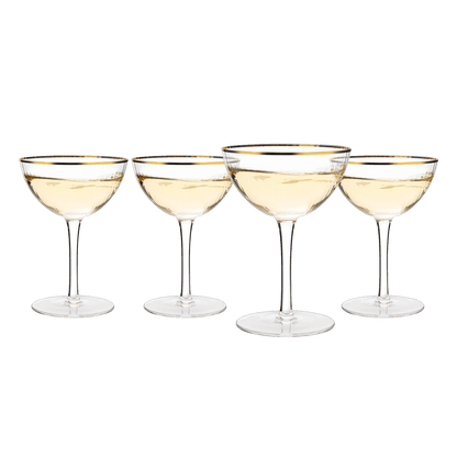 The Wine Savant Gold Rim Glasses 6 oz, Set of 4 Gold Rim Classic Manhattan Glasses For Martini, Cocktails, Champagne, Water & Wine - Classic Coupes Gilded Rimed, Crystal with Stems, Coupe - Loft&Timber