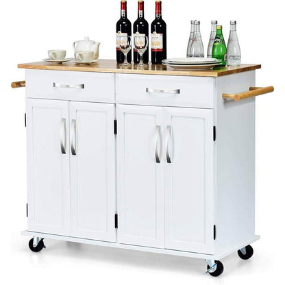 White Kitchen Cart Island with Wood Top 2 Drawers and Bottom Storage Cabinet - Loft&Timber