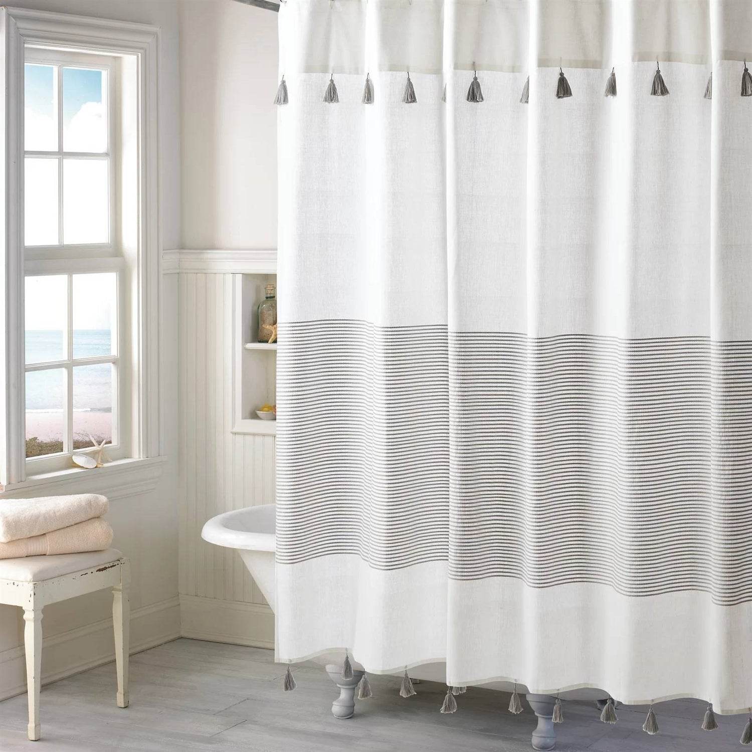 72-inch Grey and White Stripes Cotton Shower Curtain with Tassels - Loft&Timber