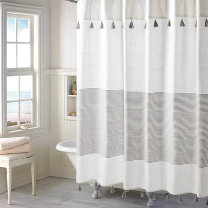 72-inch Grey and White Stripes Cotton Shower Curtain with Tassels - Loft&Timber