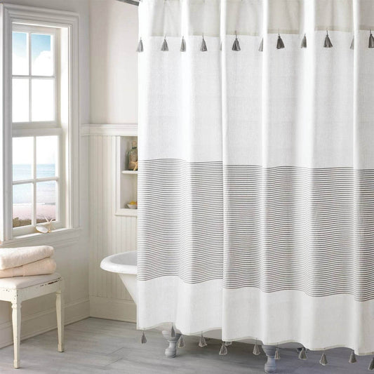 72-inch Grey and White Stripes Cotton Shower Curtain with Tassels - Loft&Timber