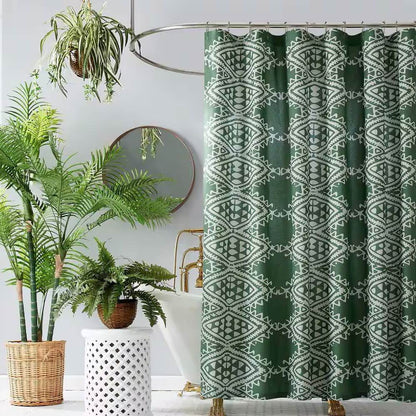 72 x 72 inch Cotton Poly Shower Curtain with Green White Geometric Motif Pattern - Loft&Timber