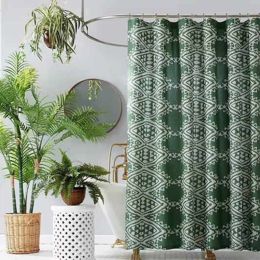72 x 72 inch Cotton Poly Shower Curtain with Green White Geometric Motif Pattern - Loft&Timber