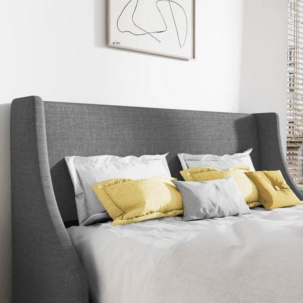 Full Size Grey Linen Blend Upholstered Platform Bed with Wingback Headboard - Loft&Timber